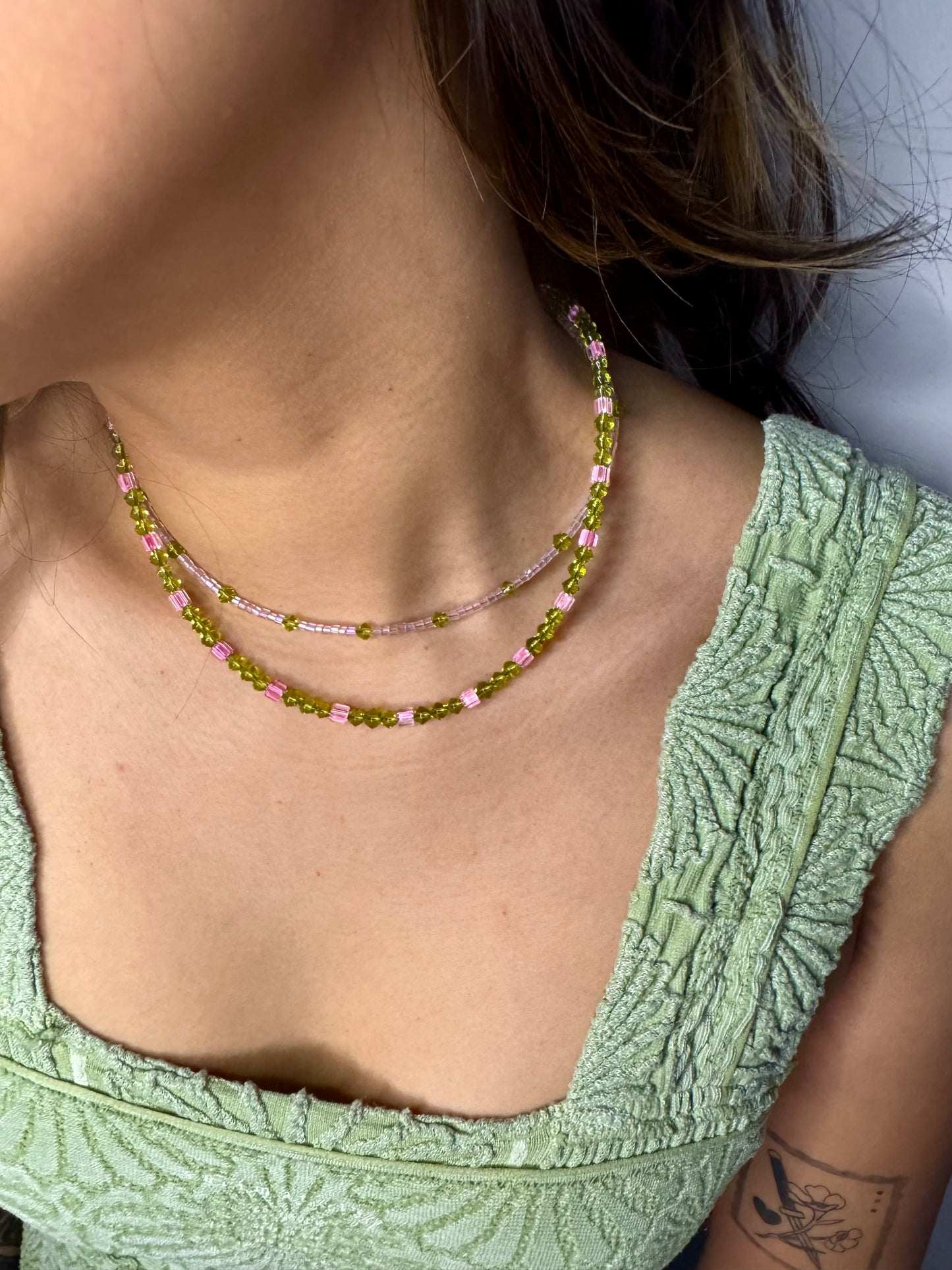 Pink Goes Good With Green Beaded Necklace (bottom necklace)