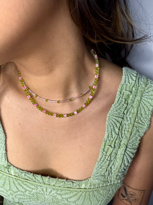 Pink Goes Good With Green Beaded Necklace (bottom necklace)