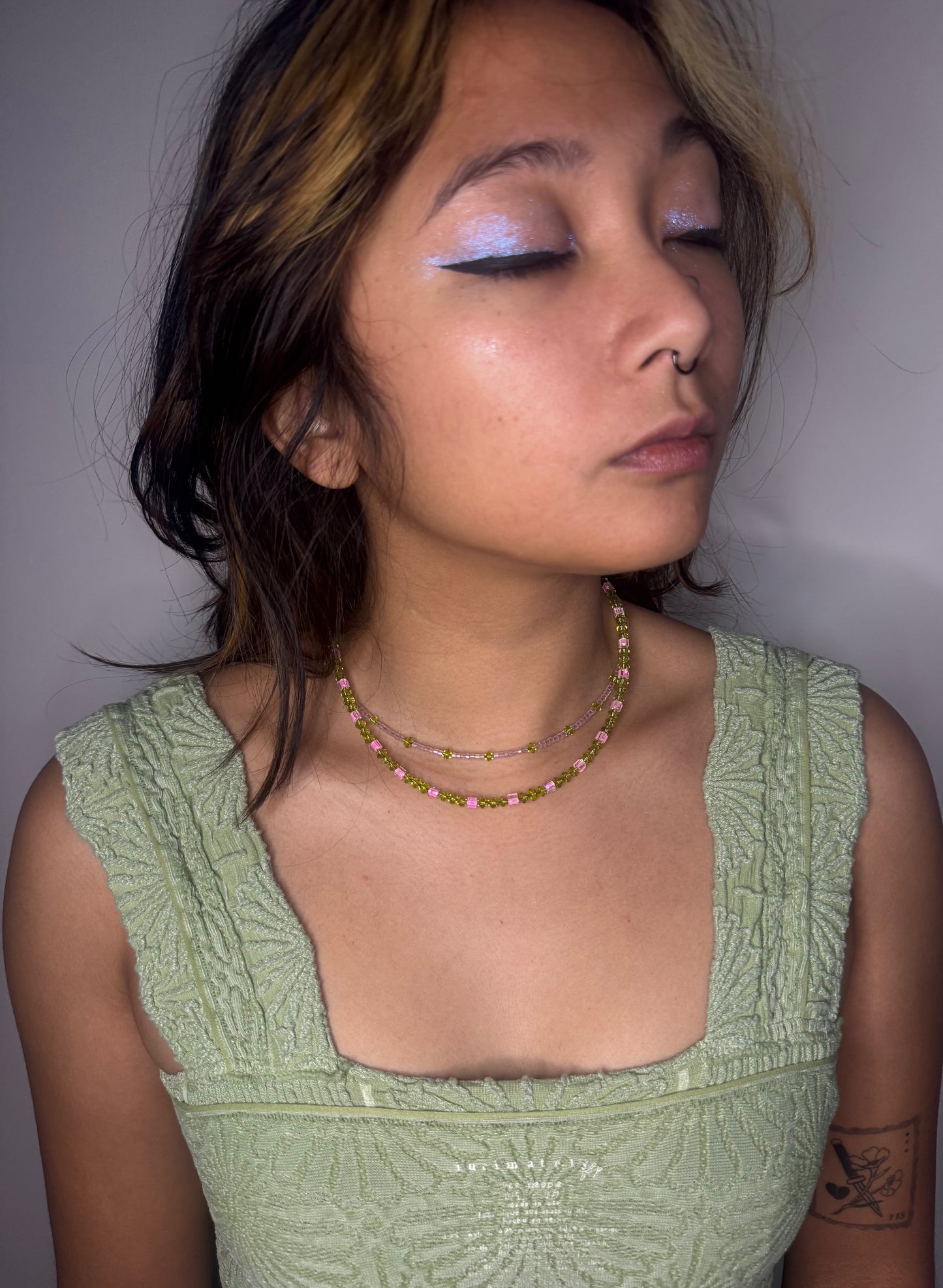 Pink Goes Good With Green Beaded Necklace (bottom necklace)